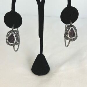 Sterling Silver Hoop Earrings Amethyst Geode Crystal Accent Handmade